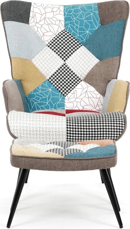 Relaxačné kreslo ušiak s taburetom ROYAL II — kov, vodeodolná látka, patchwork