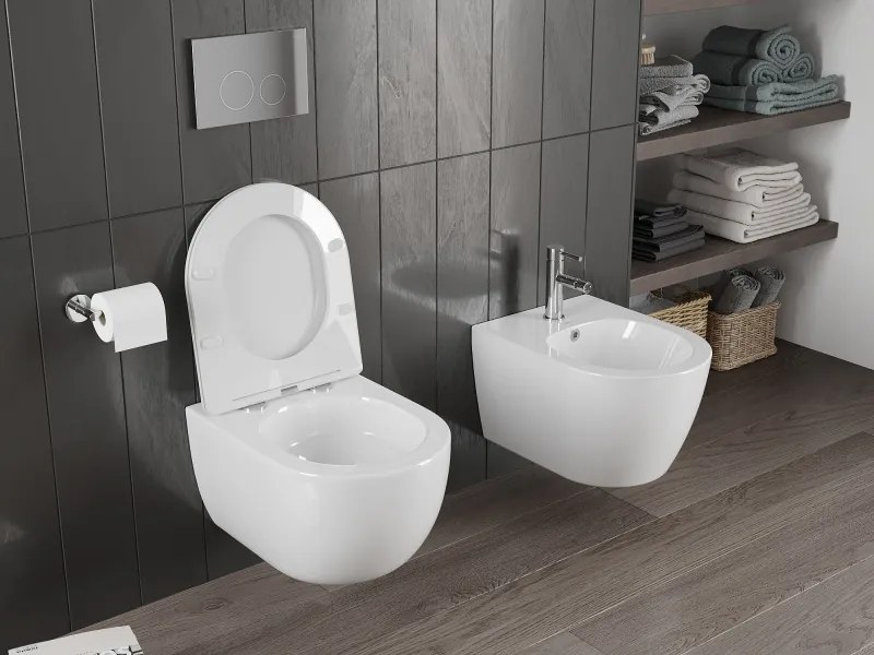 Mexen Carmen, závesná WC misa 490x365x340 mm, Rimless Tornádo + WC sedadlo z duroplastu, biela lesklá, 30880300T