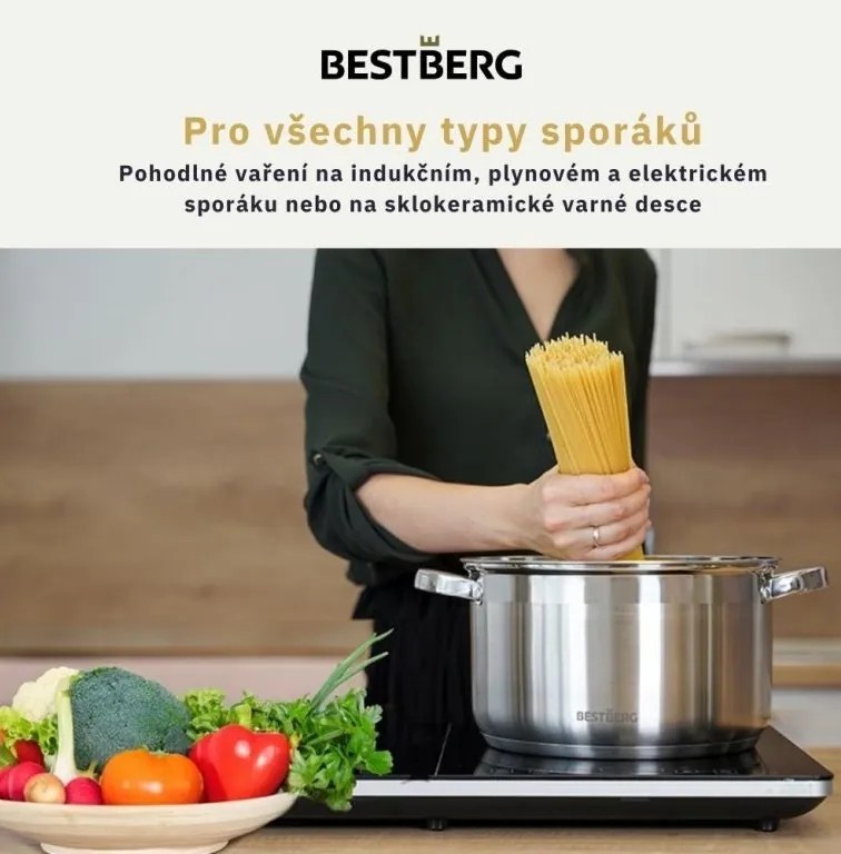 MEGAKOMBO BestBerg BBR-2000S multifunkčný kuchynský robot s nástavcami na cestoviny + 15-dielna sada hrncov a panvíc s nepriľnavým povrchom z nehrdzavejúcej ocele BestBerg BBSC-15 / strieborná