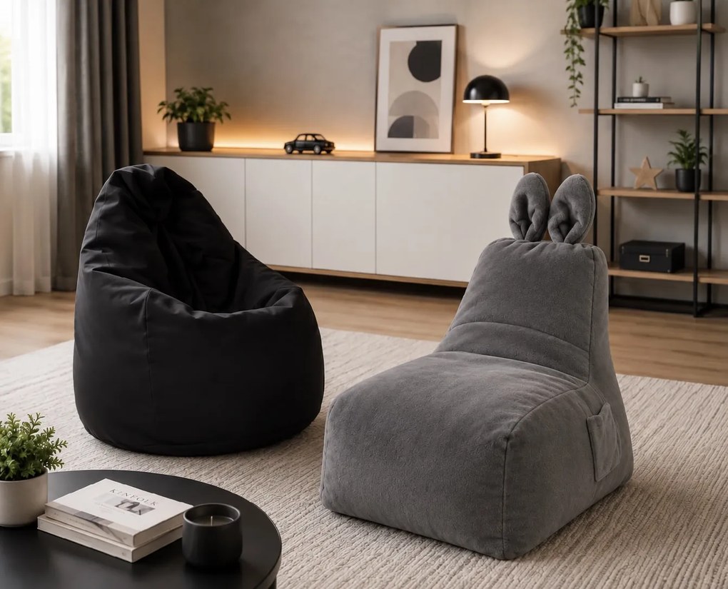 Set 2 detských sedacích vakov Bunny L Lapit sivý + Bag Sako L plyš čierny