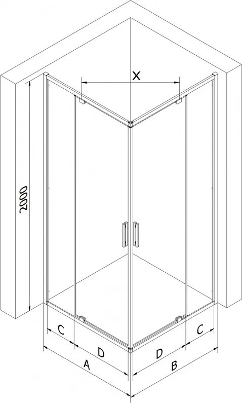 Mexen Exo, 2-krídlový sprchovací kút 80 x 80 cm, 6mm číre sklo, čierny profil, 8110-080-080-70-00