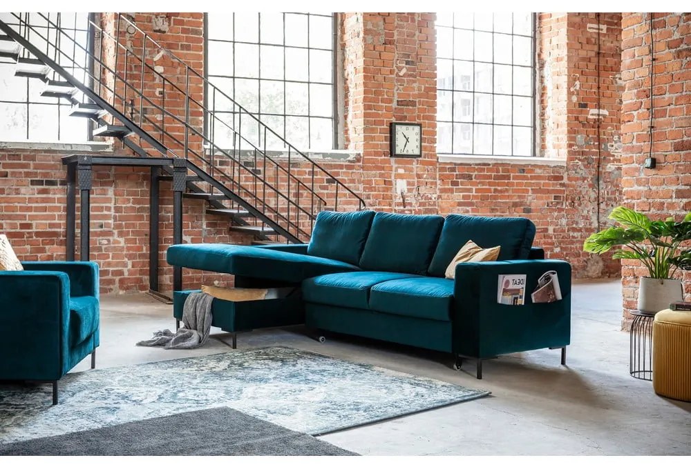 Zamatová rozkladacia rohová pohovka v petrolejovej farbe (ľavý roh) Lofty Lilly – Miuform