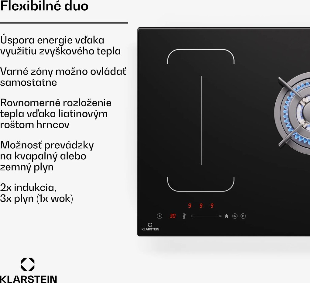 Klarstein MultiChef 5 Wok, indukčná a plynová varná doska, 5 varných zón, 3 plynové horáky, 2 indukčné varné dosky, FlexZone