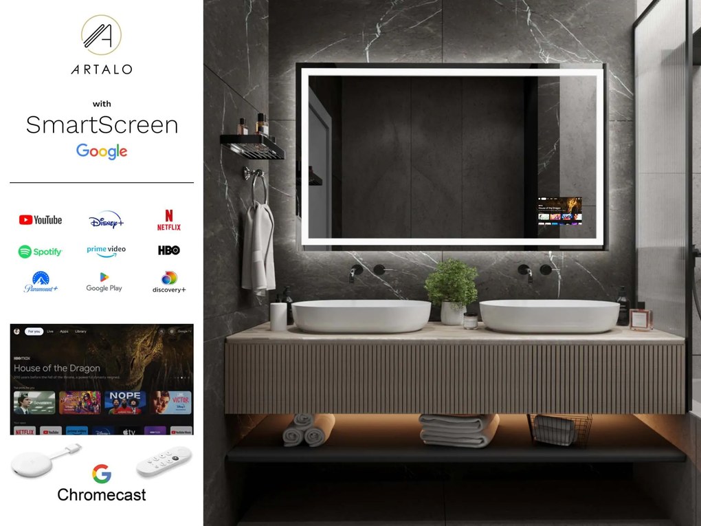 SMART Zrkadlo do kúpeľne s LED osvetlením M7 + SmartScreen with Google Chromecast