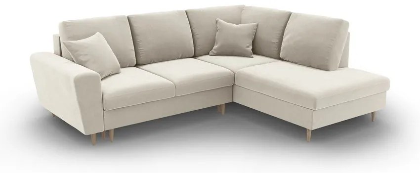 Béžová zamatová rozkladacia/s úložným priestorom rohová pohovka (pravý roh/do L) Kyoto – Cosmopolitan Design