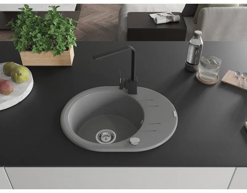 Mexen Kevin, drez granitový 586x458x190 mm, 1-komorový a čierna matná batéria Rita, šedá, 6517-71-670300-70
