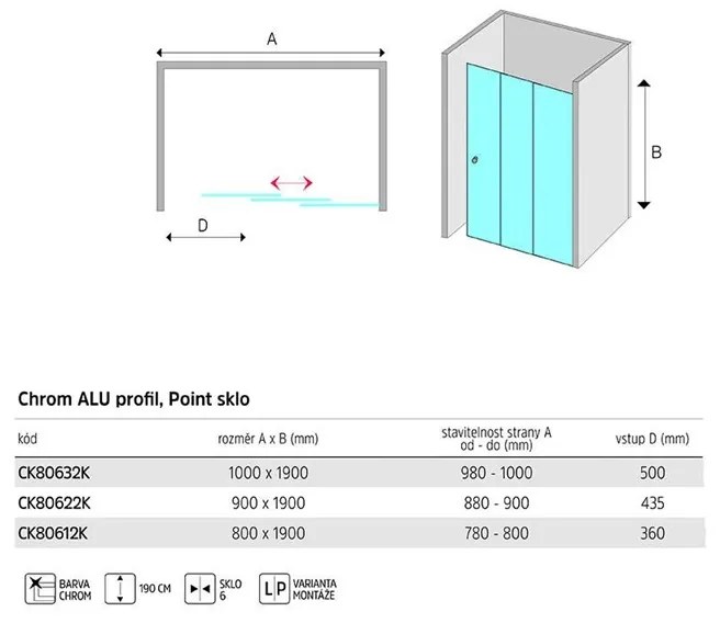 Mereo Lima, zasúvacie trojdielne sprchové dvere 90x190, 6mm Point sklo, chrómový profil, MER-CK80622K