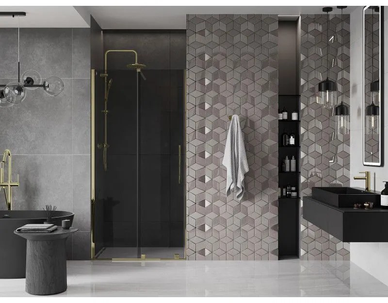 Mexen Velar, posuvné sprchové dvere do otvoru 100 cm, 8mm šedé sklo, zlatá lesklá, 871-100-000-41-50