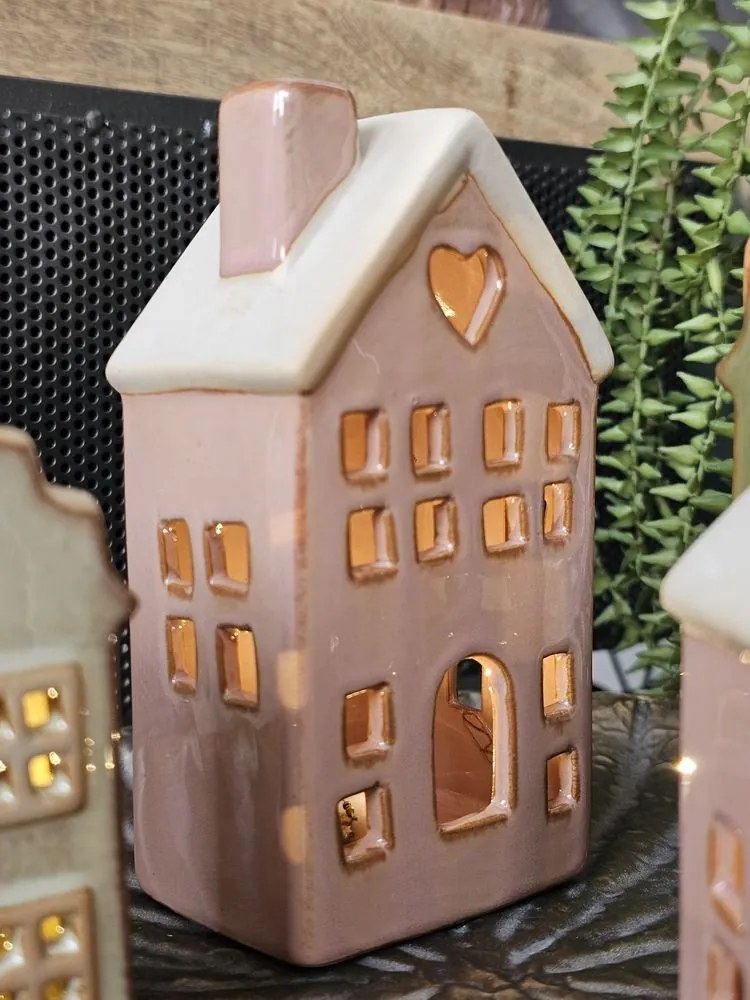 Hnedý porcelánový svietiaci domček - 8*6*15 cm