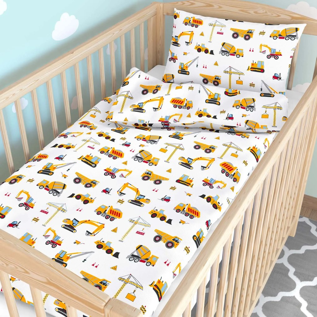 Goldea detské bavlnené obliečky do postieľky - nákladné autá a bagre 100 x 135 a 40 x 60 cm