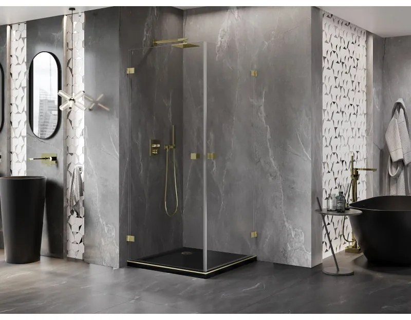 Mexen Lunar-B Duo, výklopný sprchový kút 85 x 85 cm, 8mm číre sklo, zlatý matný profil, 832-085L-085P-55-00
