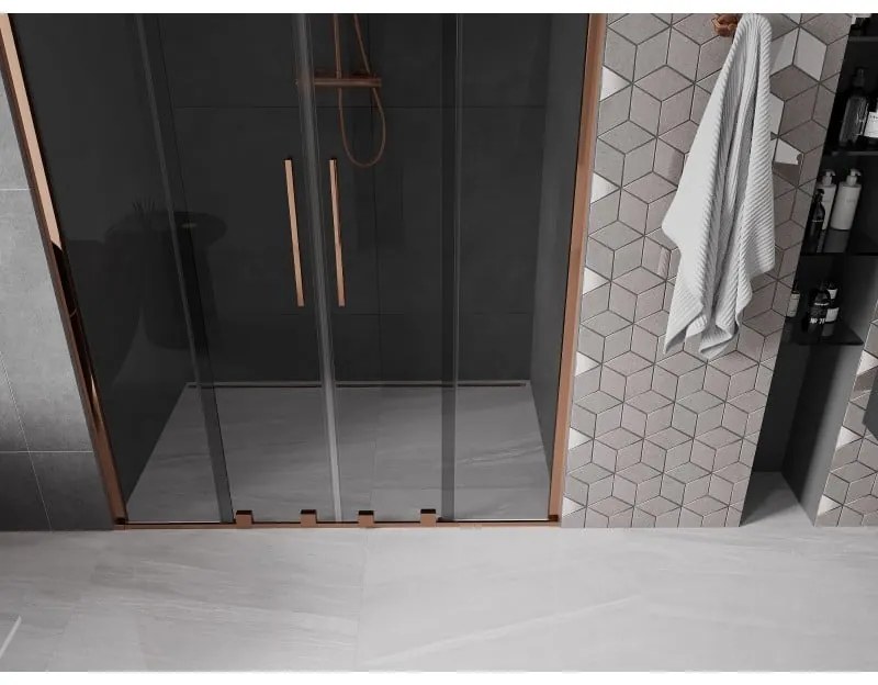 Mexen Velar Duo, posuvné sprchové dvere do otvoru 140 cm, 8mm šedé sklo, ružové zlato, 871-140-000-42-60