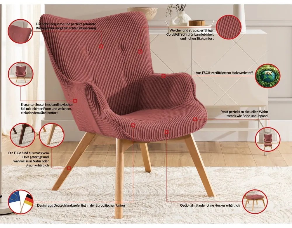 Červené menčestrové kreslo Niko – Ropez