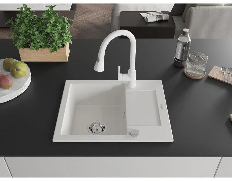 Mexen Enzo, 1-komorový granitový drez 576x465x174 mm a drezová batéria Elia, biela, 6506-20-670101-20