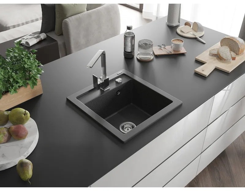 Mexen Vito, 1-komorový granitový drez 520x490x210 mm, chrómová batéria Rita, čierna škvrnitá, 6503-76-670300-00