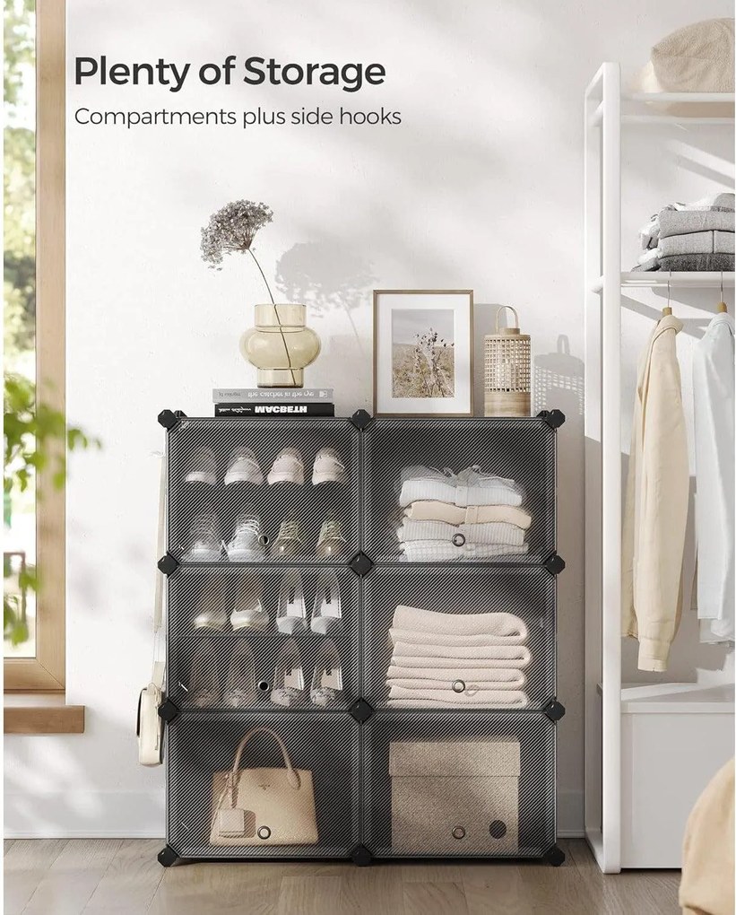 Skrinka na topánky, 6-priehradkový modulárny úložný organizér, čierny