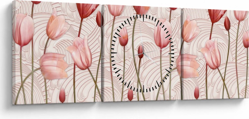 Obraz - Ružové tulipány (s hodinami) (90x30 cm)