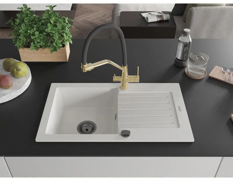 Mexen Pablo, granitový drez 752x436x161 mm, 1-komorový a drezová batéria Duo, biela, 6510-20-671701-57-B