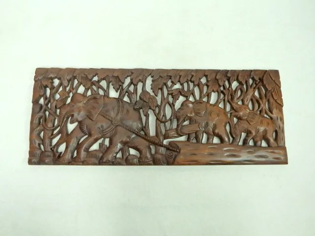Dekorácia na stenu Slony, teakové drevo, ručná práca, 35x90 cm