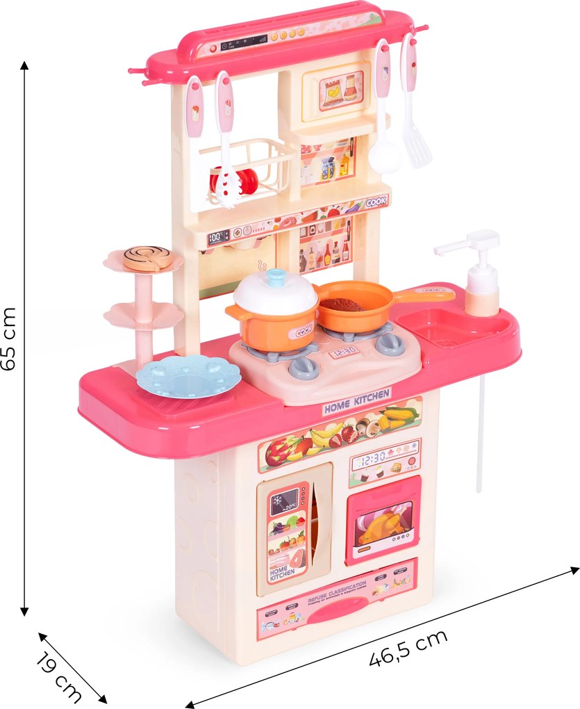 Detská kuchynka s LED a zvukmi, umývadlom s vodou, 10 doplnkov, ružová (3+)