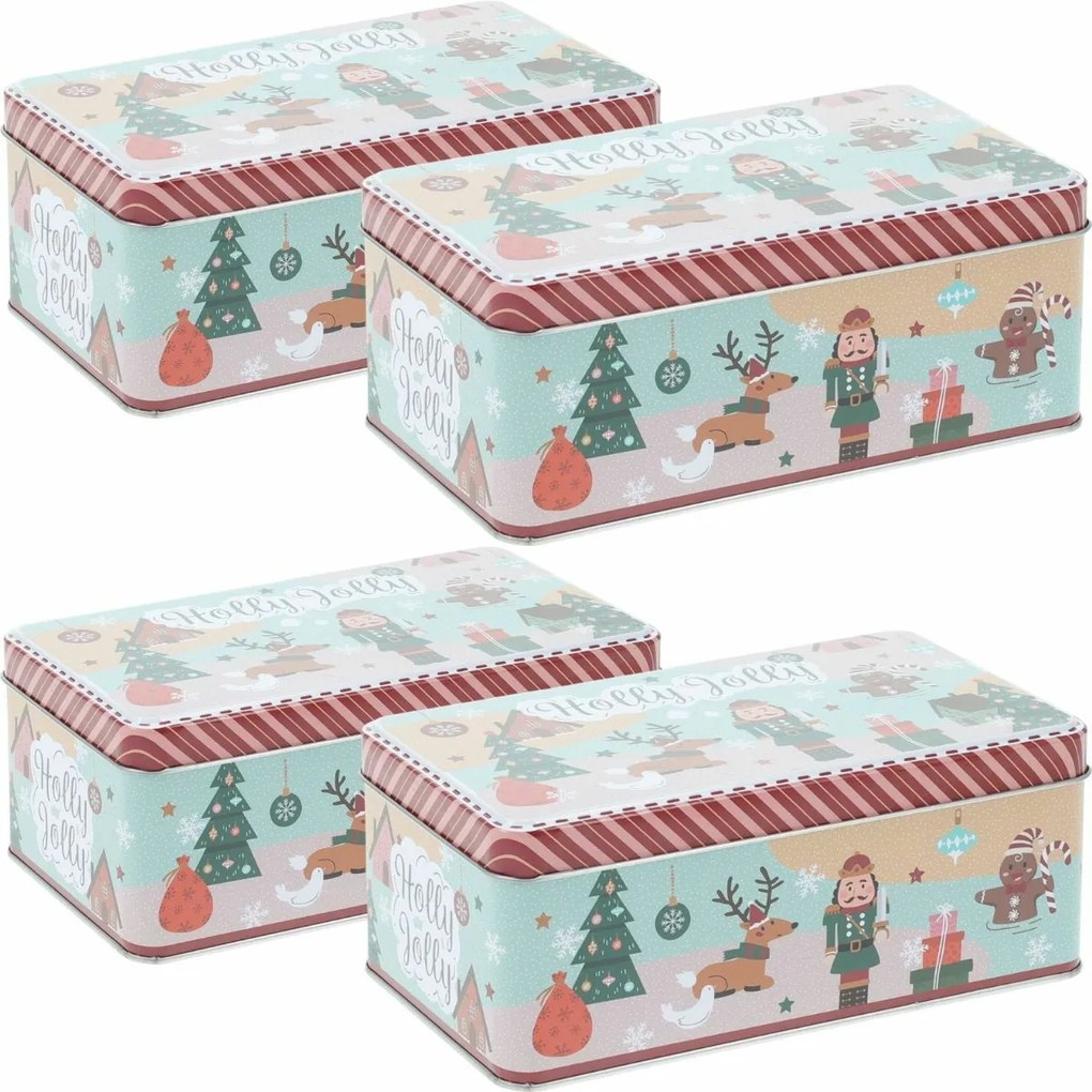 Súprava 4 vianočných plechových dóz Holly Jolly, 18 × 11 × 7,1 cm, M