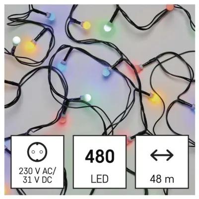 EMOS LED vonkajšia vianočná reťaz CHERRY, 480xLED, viacfarebné svetlo, 48m, časovač, gule, zelená