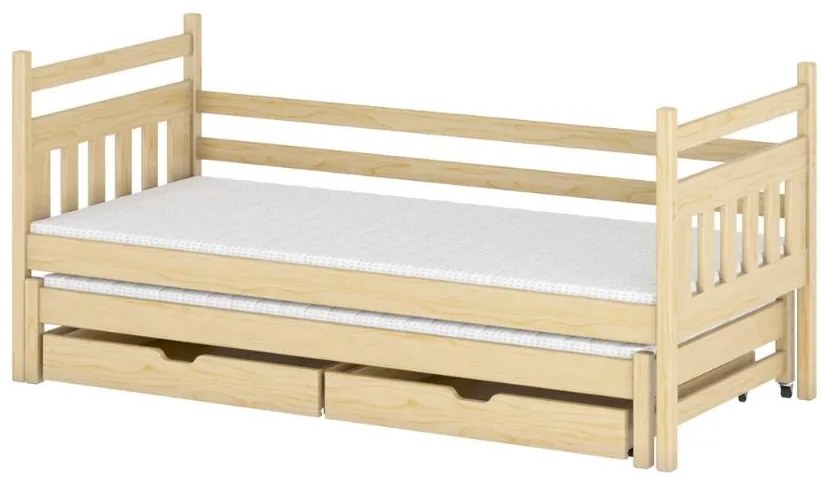 Detská posteľ z masívu borovice DAN s prístelkou a šuplíky - 200x90 cm - prírodná