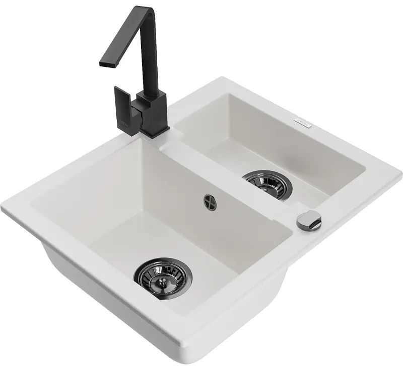 Mexen Carlos, 1,5-komorový granitový drez s odkvapkávačom 582x475x177 mm a čierna kuchynská batéria Rita, biela, 6518-20-670300-70