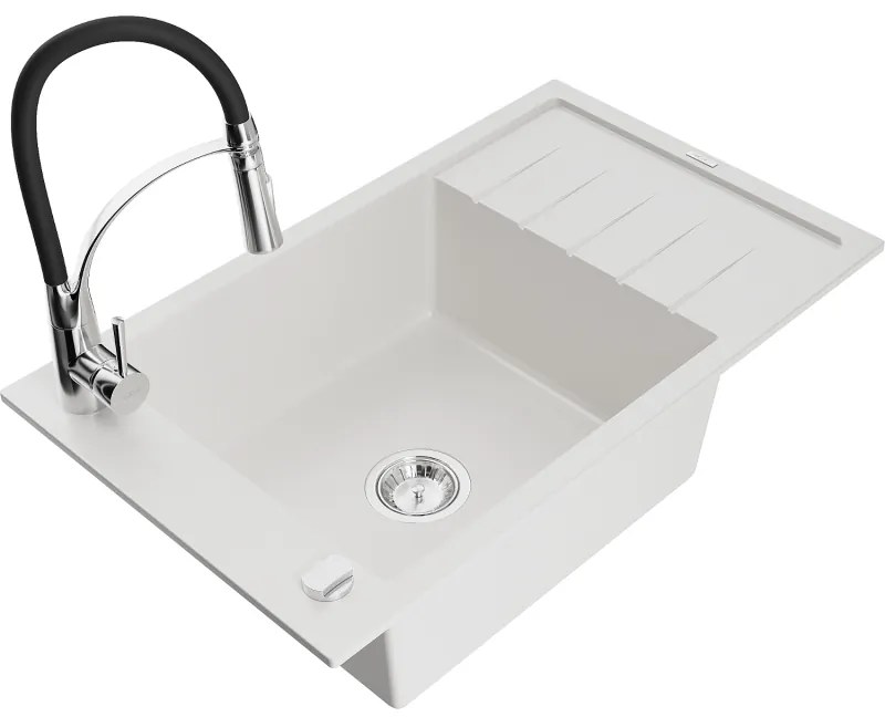 Mexen Elias, 1-komorový granitový drez 795x480x200 mm a drezová batéria Aster, biela, 6511-20-73450-07