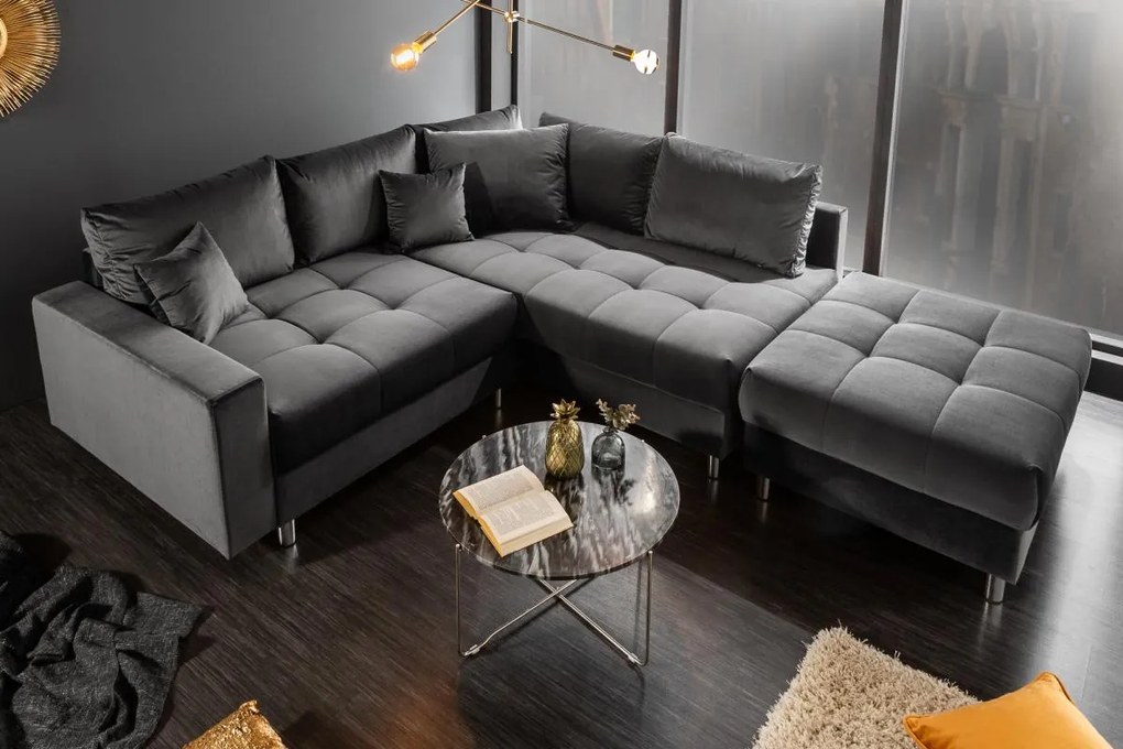 Dizajnová rohová sedačka Ciara 220 cm sivý zamat s taburetkou