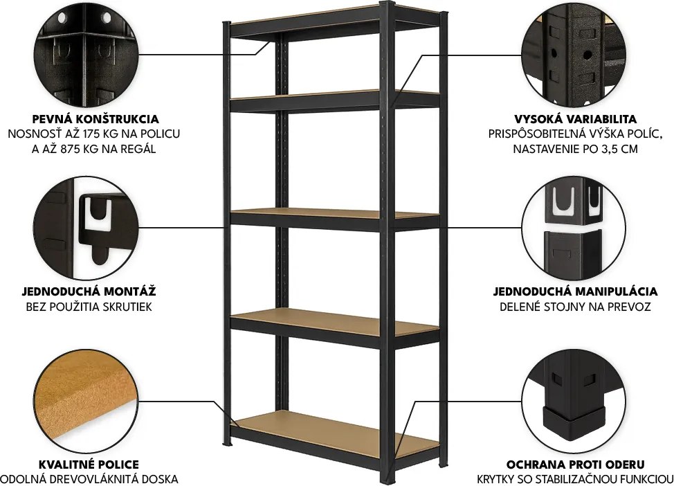 Regál 180x90x40 cm lakovaný 5-policový, nosnosť 875 kg - čierny - 2ks