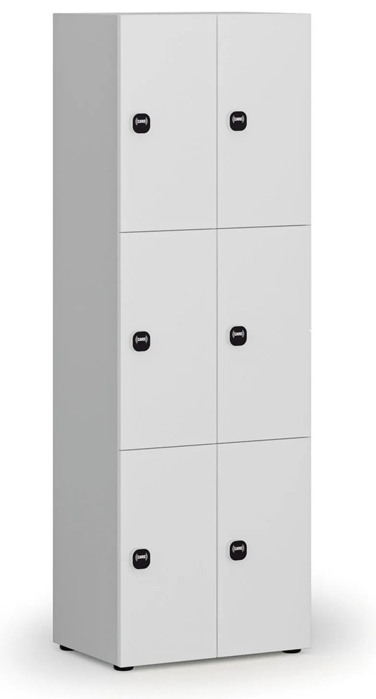 Drevená šatníková skrinka s úložnými boxmi, 6 boxov, RFID zámok, sivá/biela