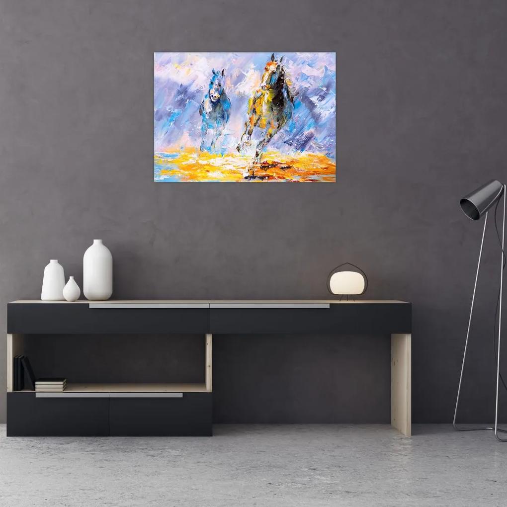 Sklenený obraz bežiacich koňov, olejomaľba (70x50 cm)