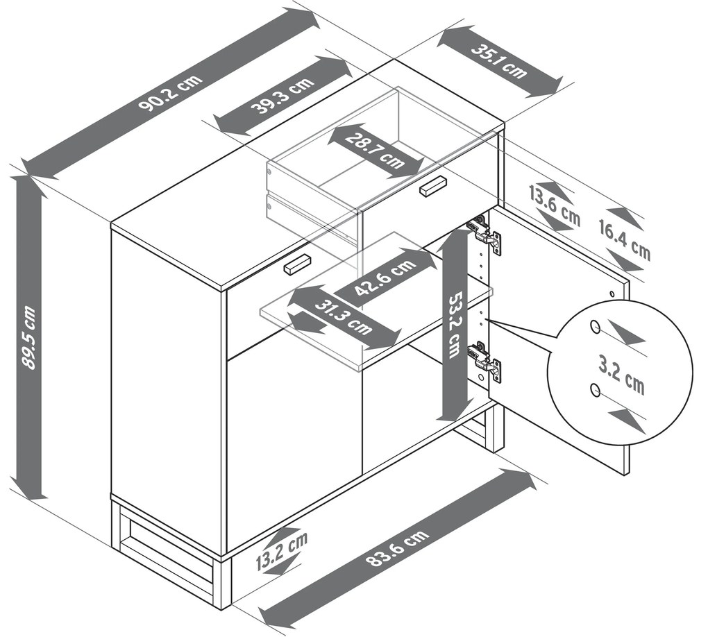 Odkladacia skrinka s 2 zásuvkami a 2 dvierkami