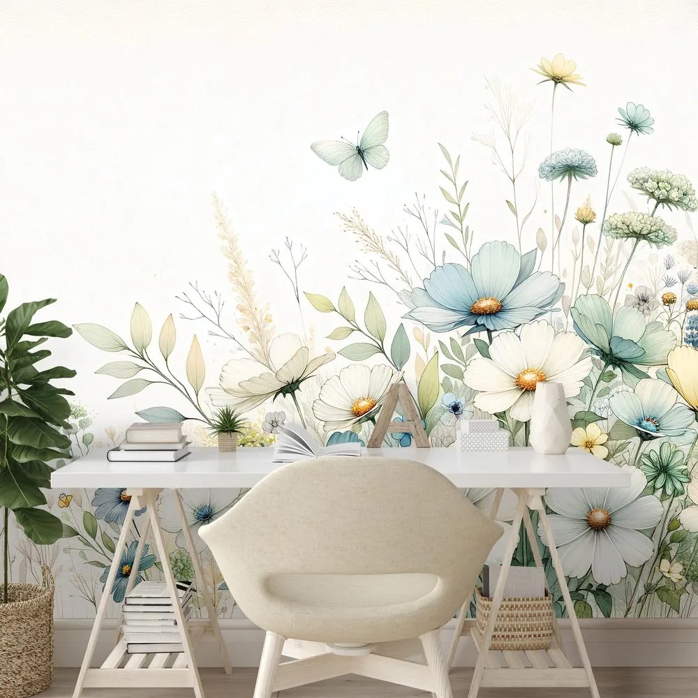 Samolepiaca tapeta pastelové lúčne kvety a lietajúce motýle