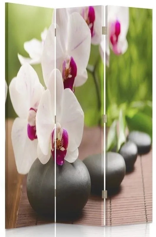 Ozdobný paraván, Orchidej a lesklé kameny - 110x170 cm, trojdielny, klasický paraván