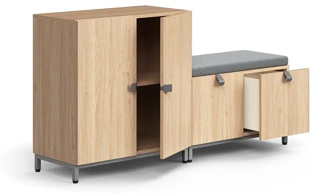 Úložná skriňa QBUS, skrinka + lavica, na nožičkách, 868x1600x420 mm, dub, šedá poduška