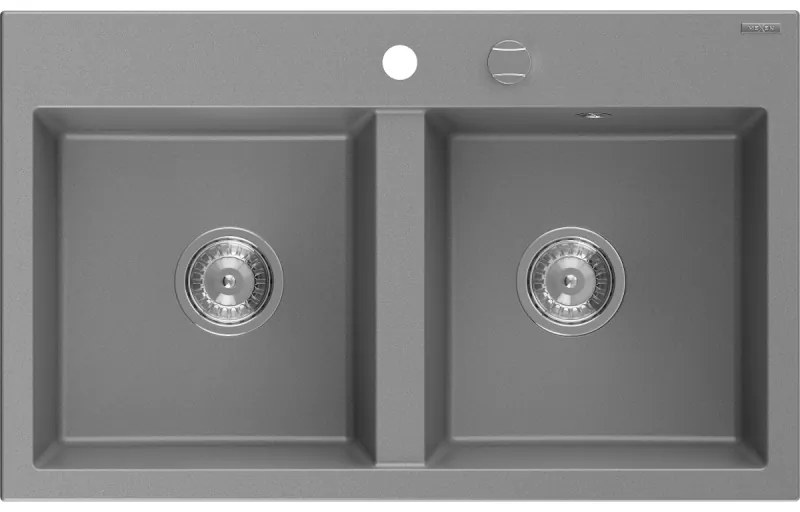 Mexen Hektor, 2-komorový granitový drez 800x480x205 mm, šedá, chrómový sifón, 6521802000-71