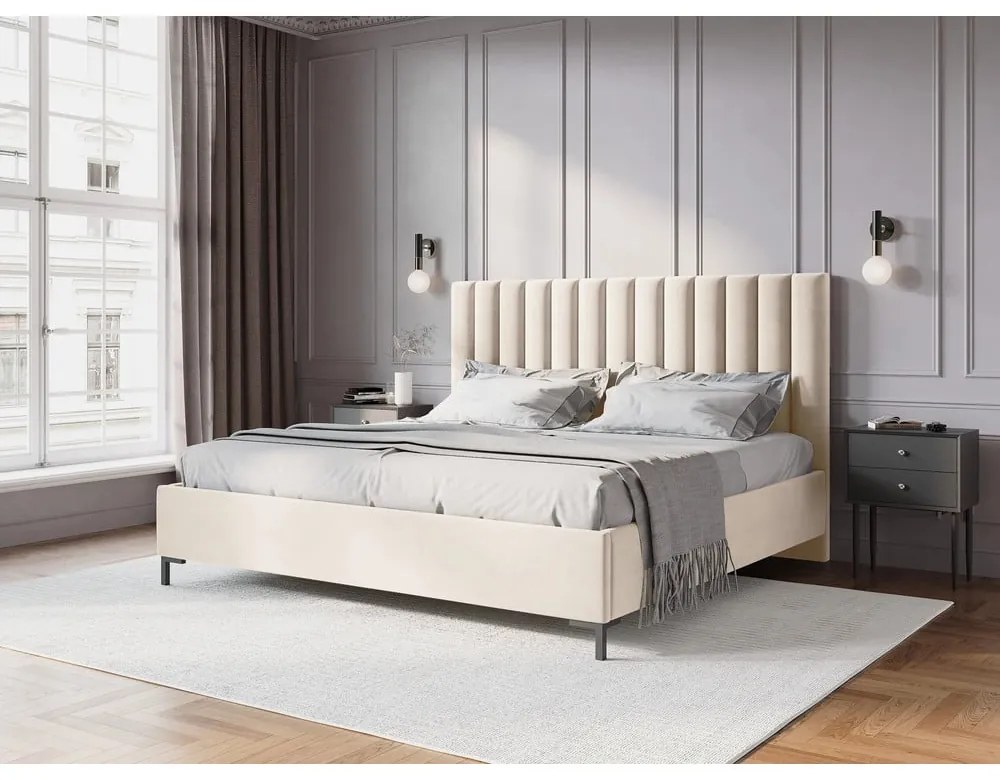 Béžová čalúnená dvojlôžková posteľ s úložným priestorom s roštom 180x200 cm Casey – Mazzini Beds