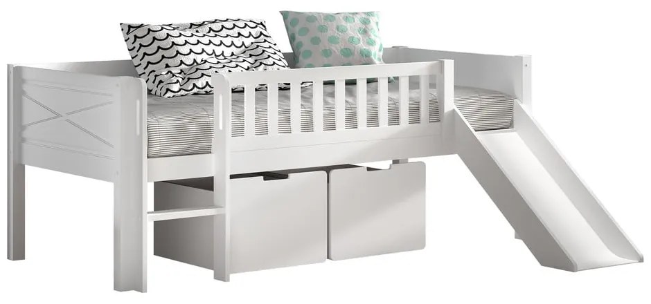 Biela vyvýšená detská posteľ z borovicového dreva s úložným priestorom s roštom 90x200 cm Scott – Vipack