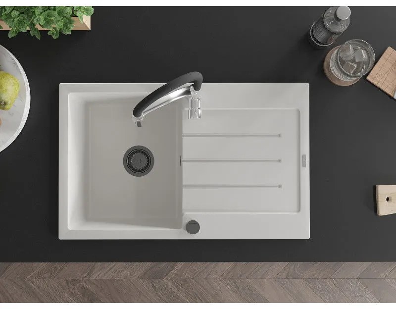Mexen Bruno, 1-komorový granitový drez 795x495x200 mm a drezová batéria Aster, biela, 6513-20-73450-07-B