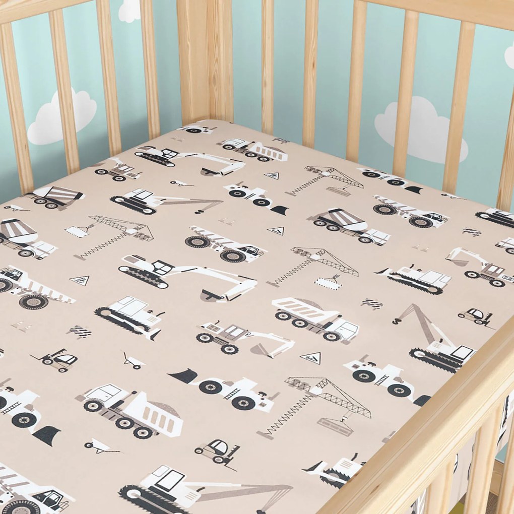 Goldea bavlnená napínacia plachta do detskej postieľky - nákladné autá a bagre na béžovom 60 x 120 cm