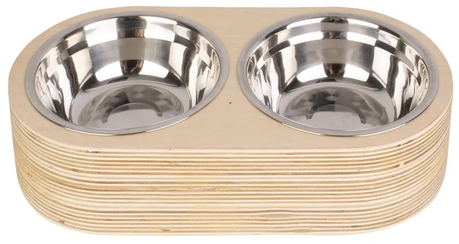 Súprava 2 kovových misiek vo svetlom drevenom podstavci PT LIVING Pet, šírka 18 cm