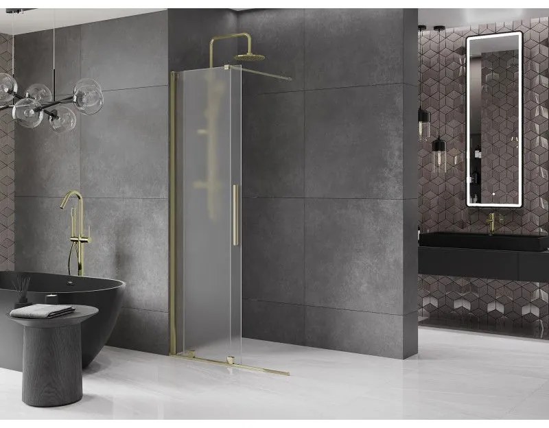 Mexen Velar, sprchová zástena s posuvnými dverami Walk-in 100 x 200 cm, 8mm sklo námraza, zlatá lesklá, 871-100-000-33-50