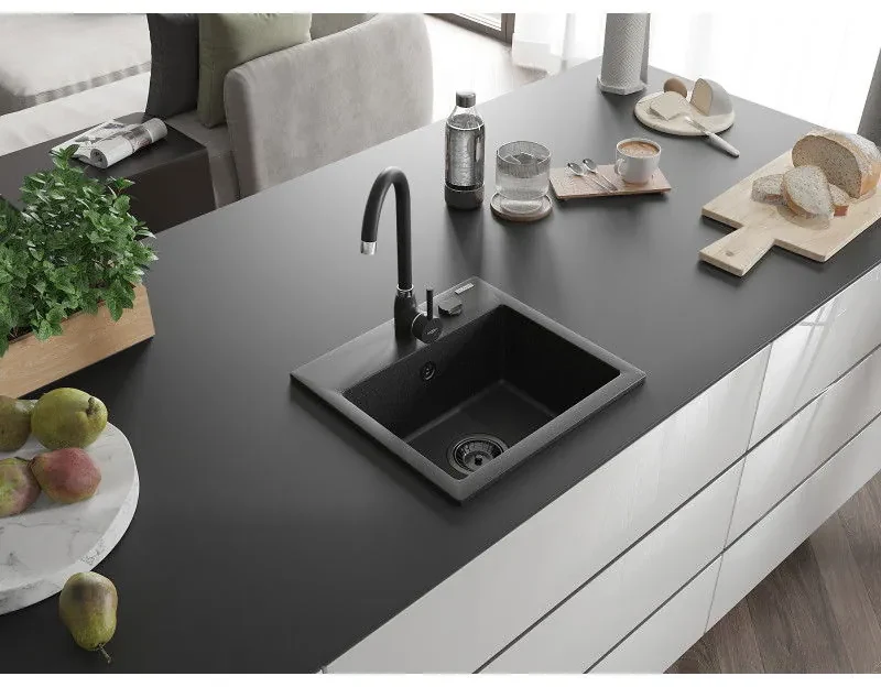 Mexen Milo, 1-komorový granitový drez 435x410x171 mm a čierna batéria Telma, čierna-strieborná metalíza, 6505-73-670200-70-B