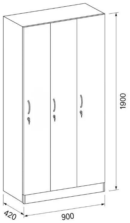 Drevená šatníková skrinka S5, 3 oddiely, 1900 x 900 x 420 mm, cylindrický zámok, sivá/zelená