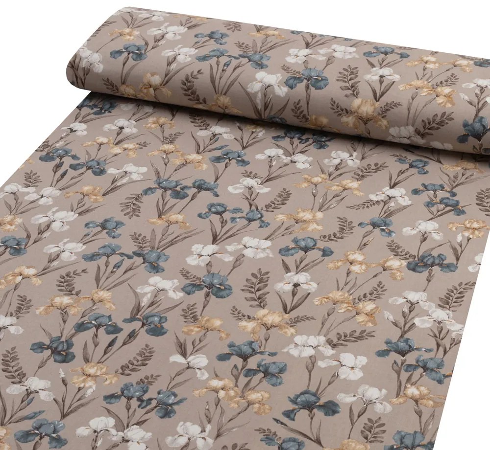 Biante Detské bavlnené posteľné obliečky do postieľky Sandra SA-637 Modro-béžovo-biele kosatce na sivobéžovom Do postieľky 100x135 a 40x60 cm