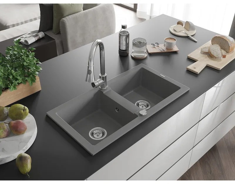 Mexen Mario, 2-komorový granitový drez 820x436x161 mm a drezová batéria Elia, šedá, 6504-71-670101-00