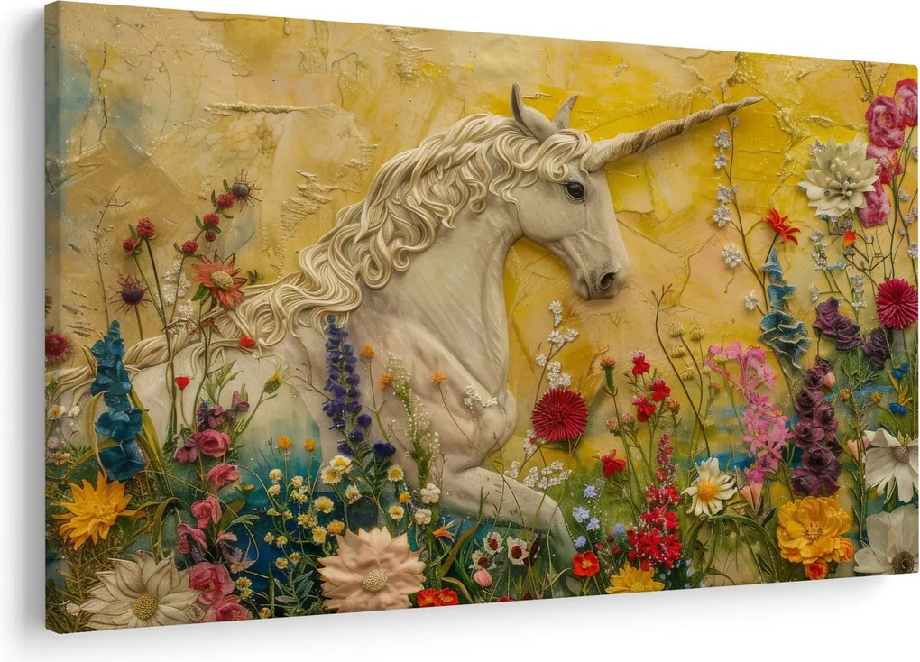 Obraz - Jednorožec s kvetinami (90x60 cm)