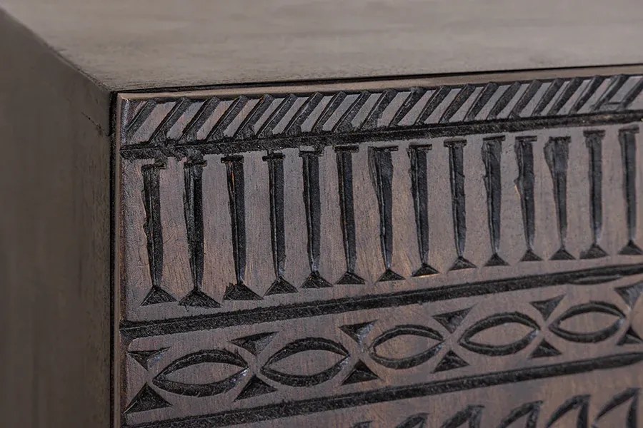 Vysoká komoda TRIBAL 120cm 3D antický vzhľad mangové drevo tmavohnedá